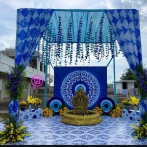 Blue Krishna Theme Haldi Stage Setup
