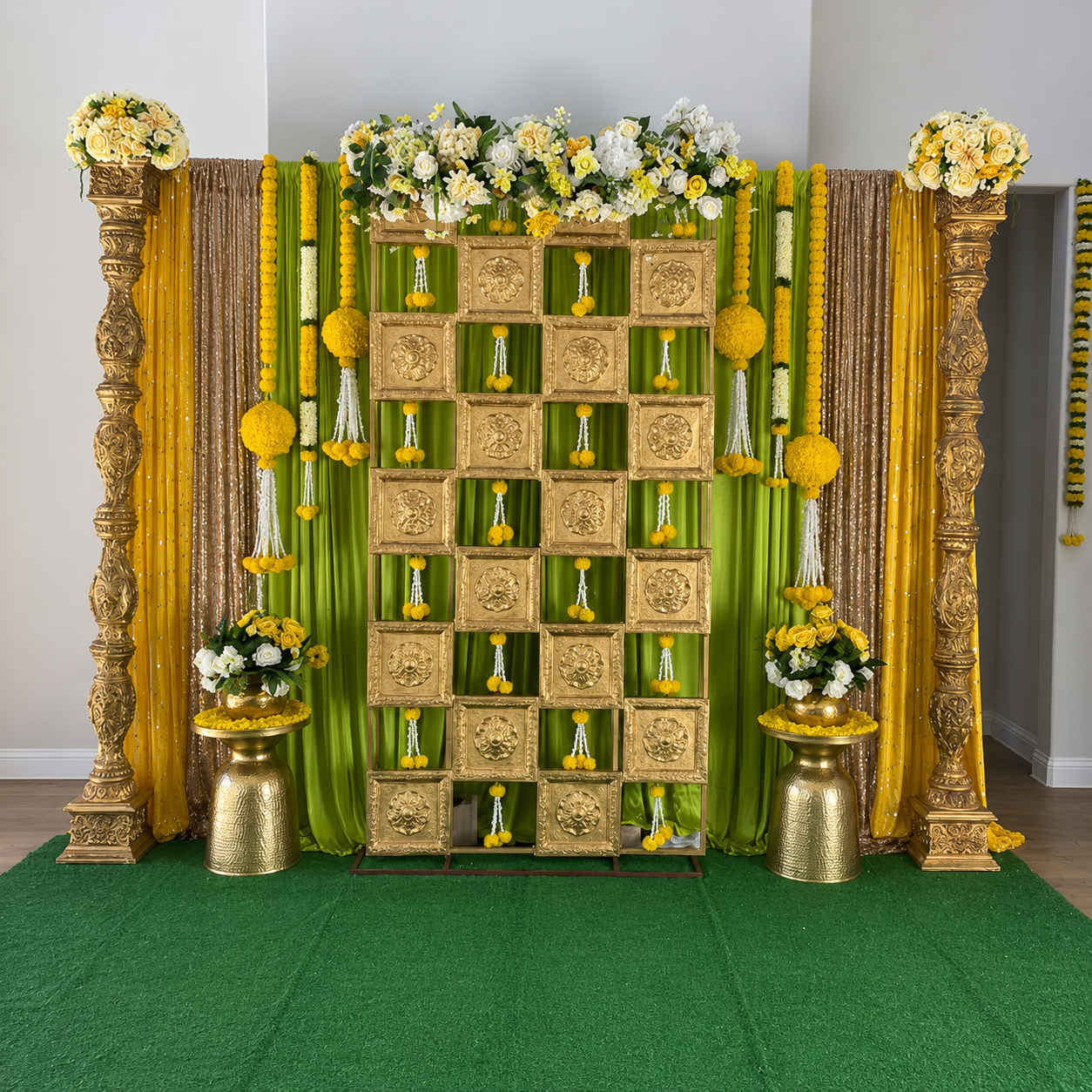 Green &amp;amp; Gold Haldi Backdrop Setup