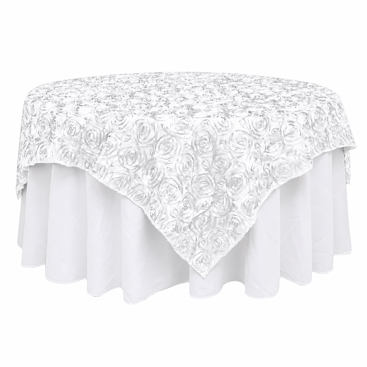 White Satin 72 x 72 Square Table Overlay – Decorative Rosette Pattern for Events