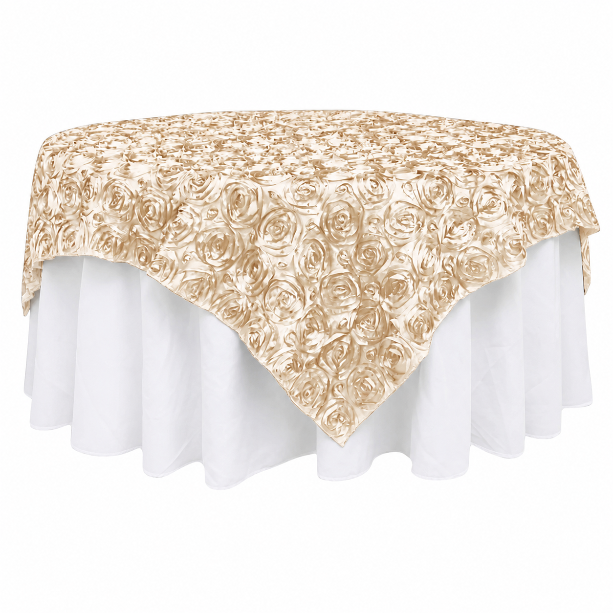 Beige Satin Table Topper 72 x 72 – Raised Rosette Design for Elegant Events