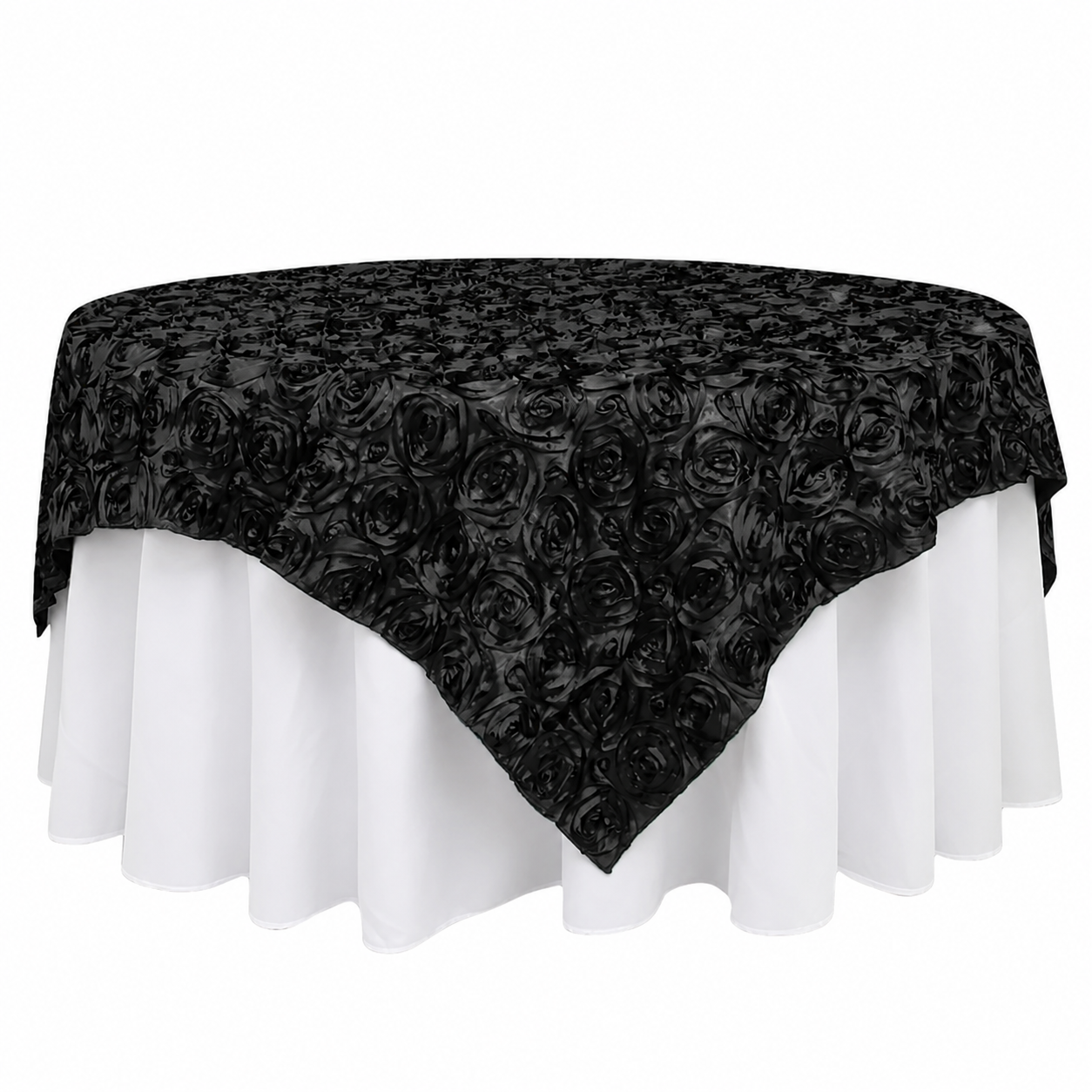 Black Satin Table Topper 72 x 72 – Raised Rosette Design for Sophisticated Events