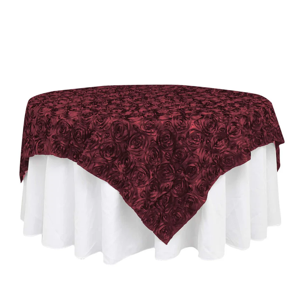 Burgundy Satin Table Topper 72 x 72 – Raised Rosette Design for Elegant Events