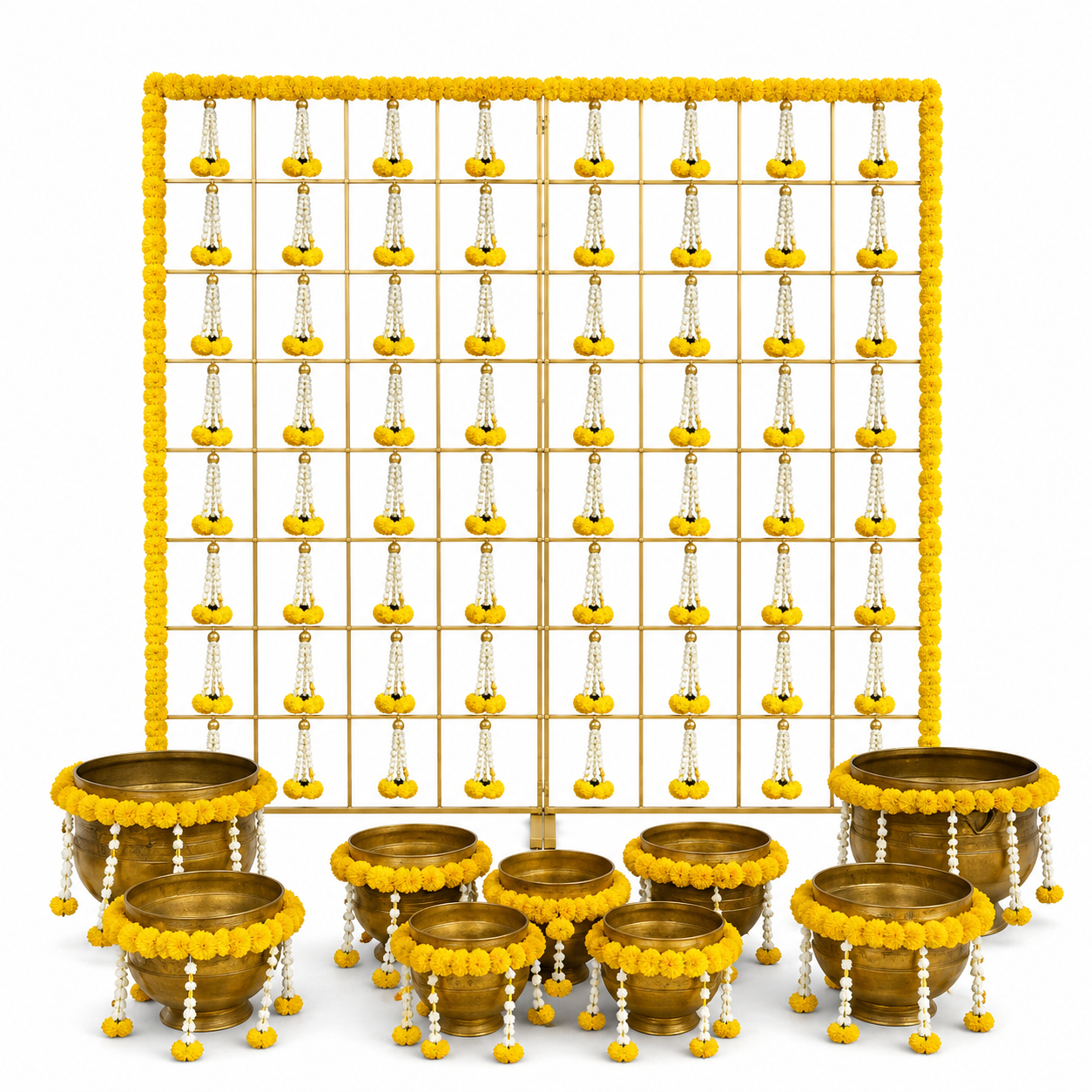 Marigold Floral Backdrop Stand with Decorative Brass Urli Set