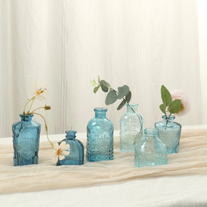 Set of 6 Embossed Glass Bud  Mixed Blue - Table Centerpieces