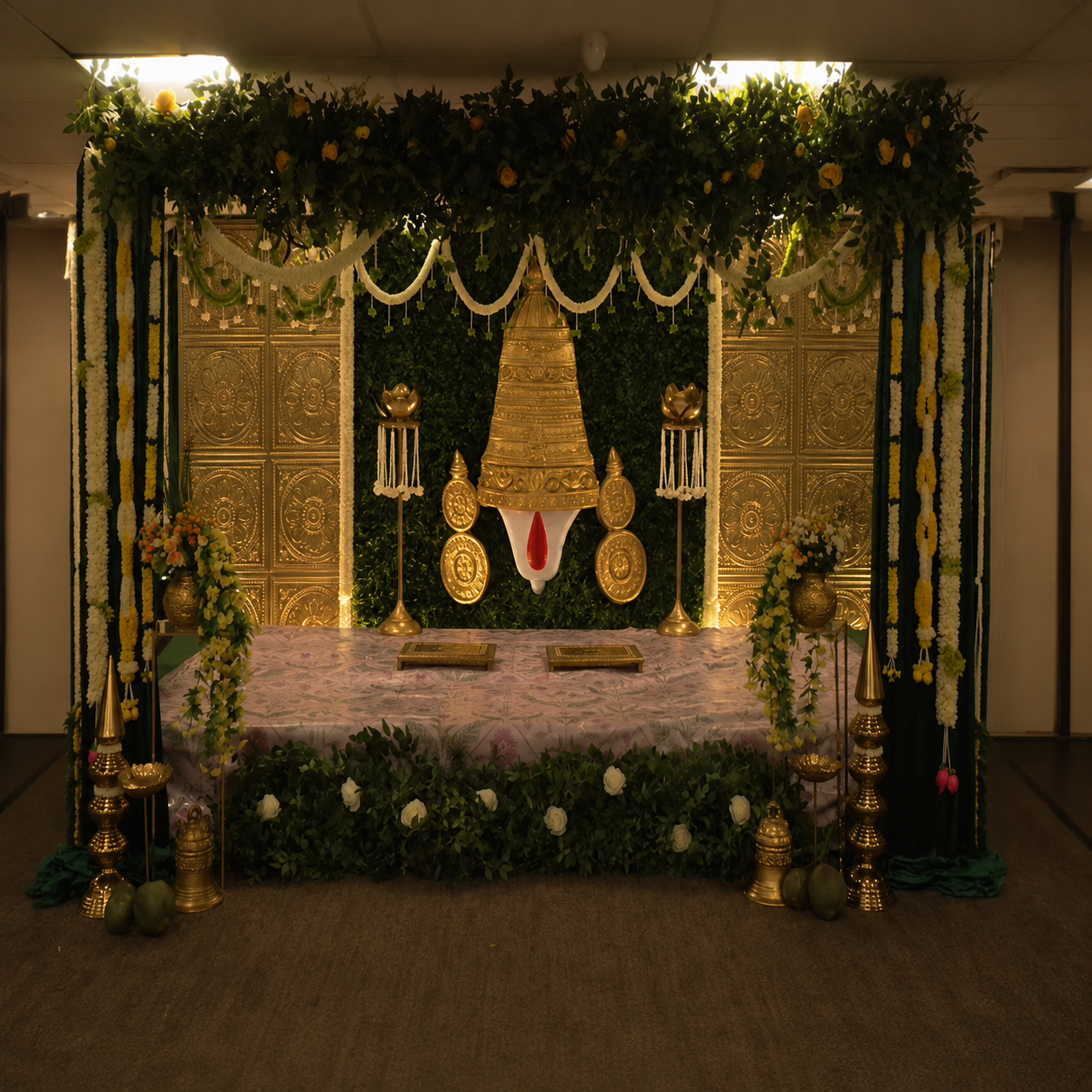 Traditional Wedding Mandap Stage Decoration with Hanging Bell Backdrop