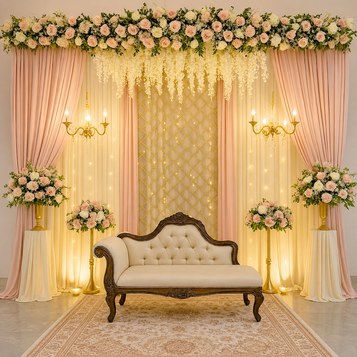 Elegant Floral Wedding Photo Booth Backdrop with Chaise Lounge