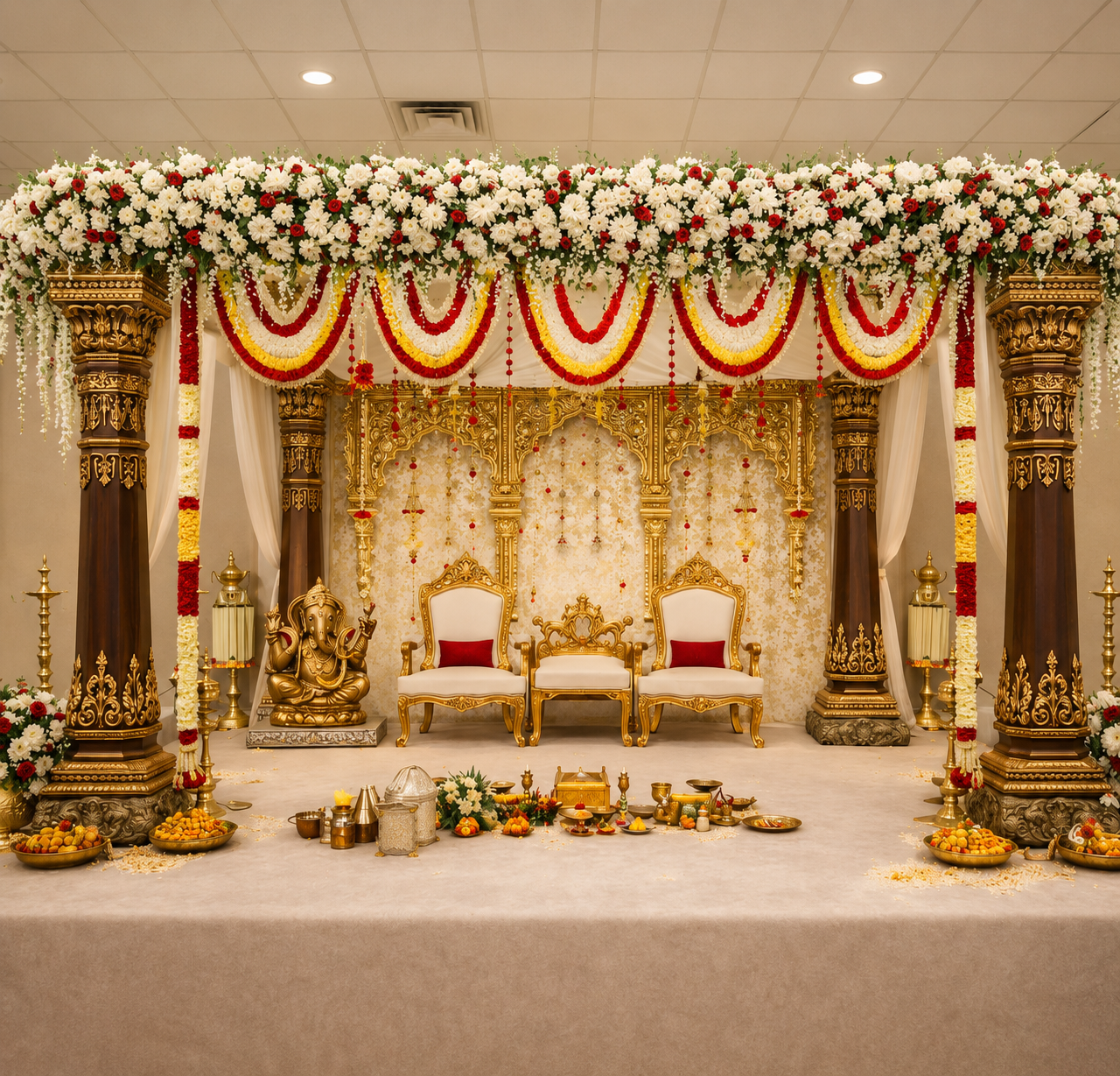 Royal Wooden Wedding Mandap with Floral Canopy