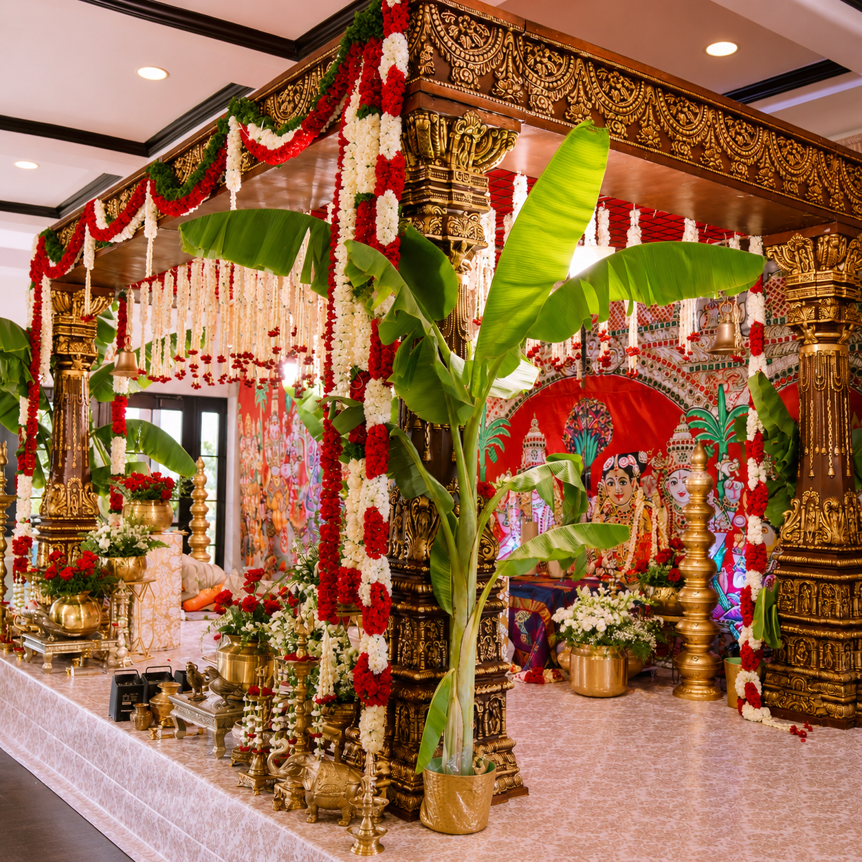 Traditional South Indian Wooden Wedding Mandap with Floral Decor