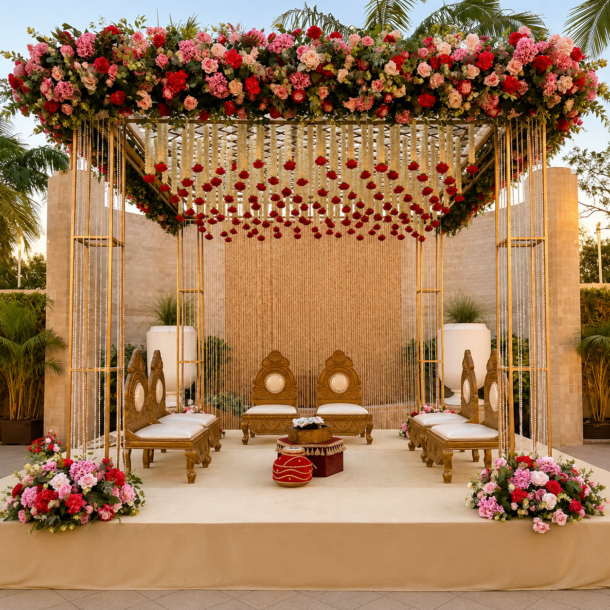 Luxury Outdoor Floral Wedding Mandap with Hanging Rose Canopy