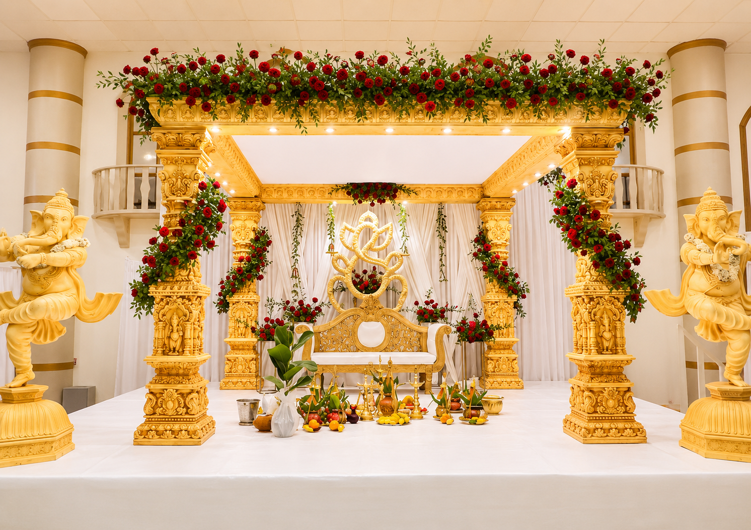 Royal Golden Wedding Mandap with Ganesha Statues