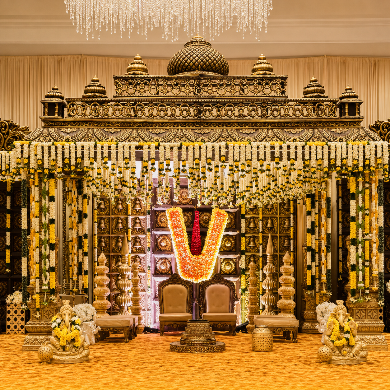 Temple Style Wedding Mandap with Vaishnav Tilak Backdrop