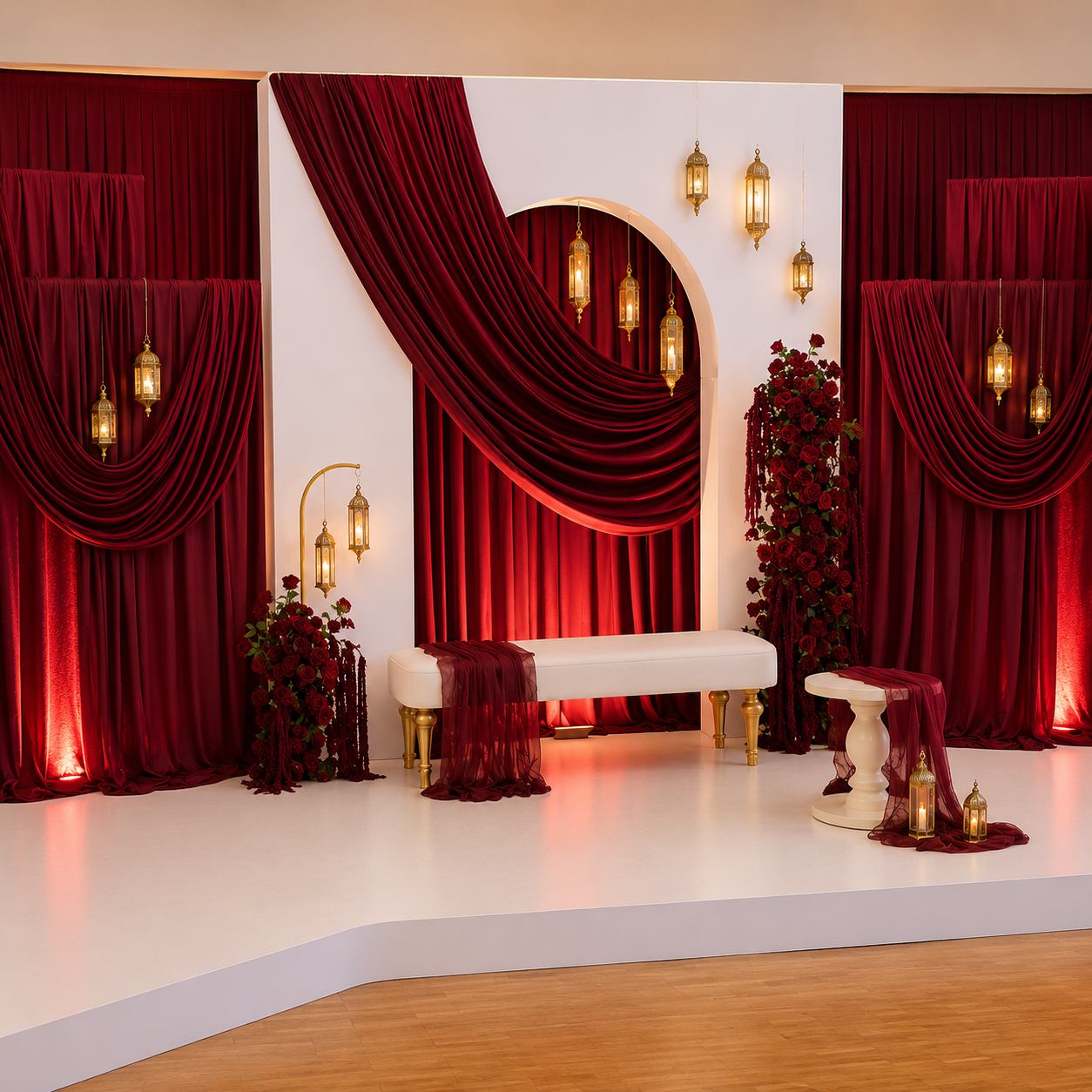 Luxury Burgundy Draped Wedding Reception Backdrop