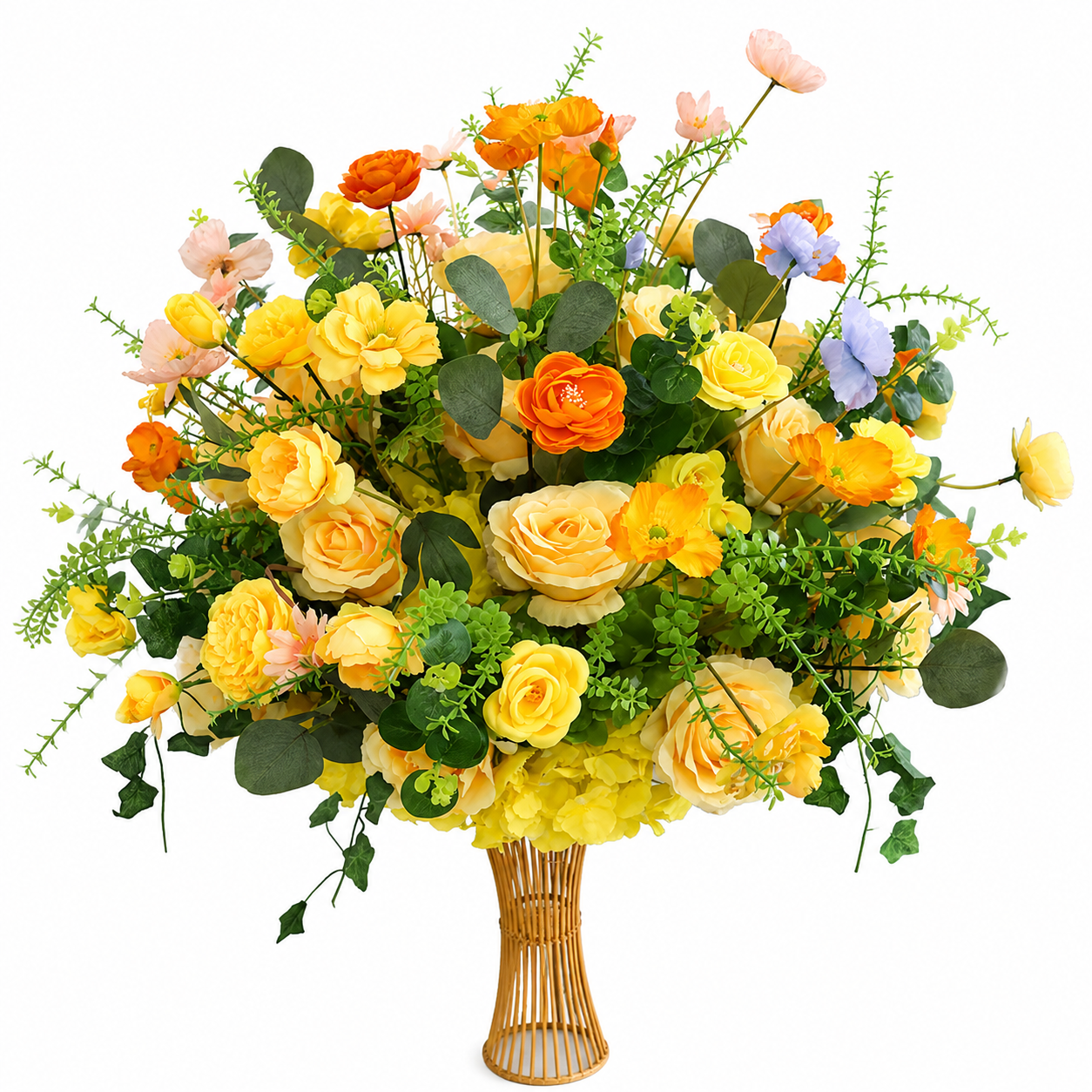 Artificial Yellow and Orange Floral Centerpiece Arrangement with Rattan Vase