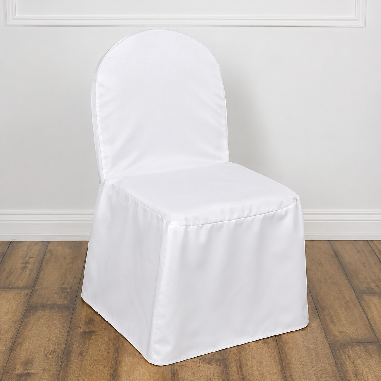 White Slip-On Banquet Chair Covers Made from Stain-Resistant Polyester Fabric